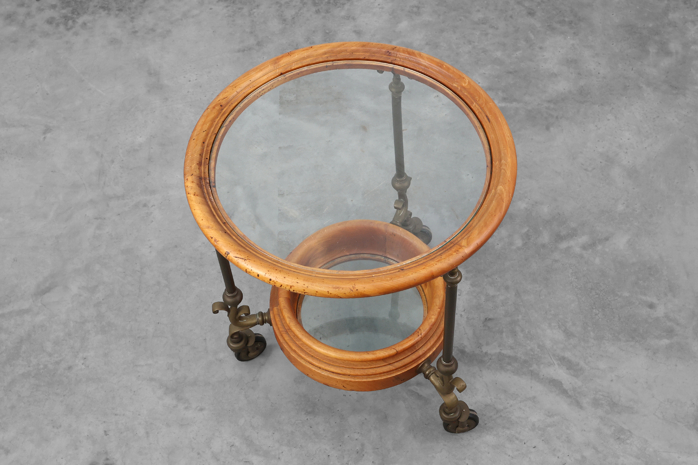Rustic Copper and Walnut Serving Trolley with Glass Top, France ca. 1900thumbnail